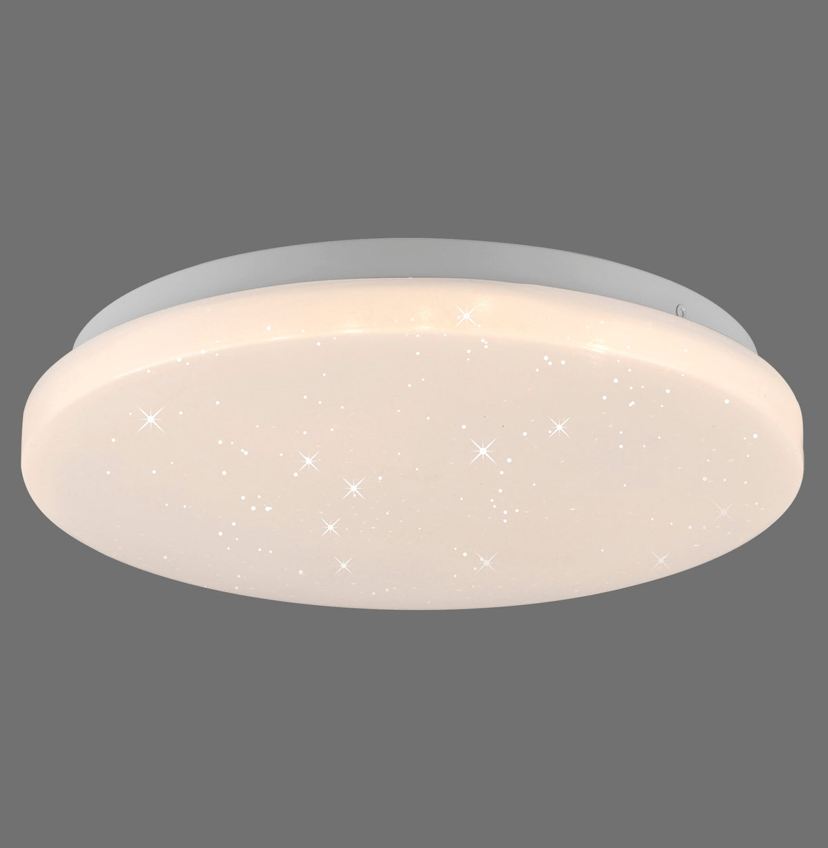 Plafonnier rond blanc allumé, effet ciel étoilé, vu de face sur fond gris