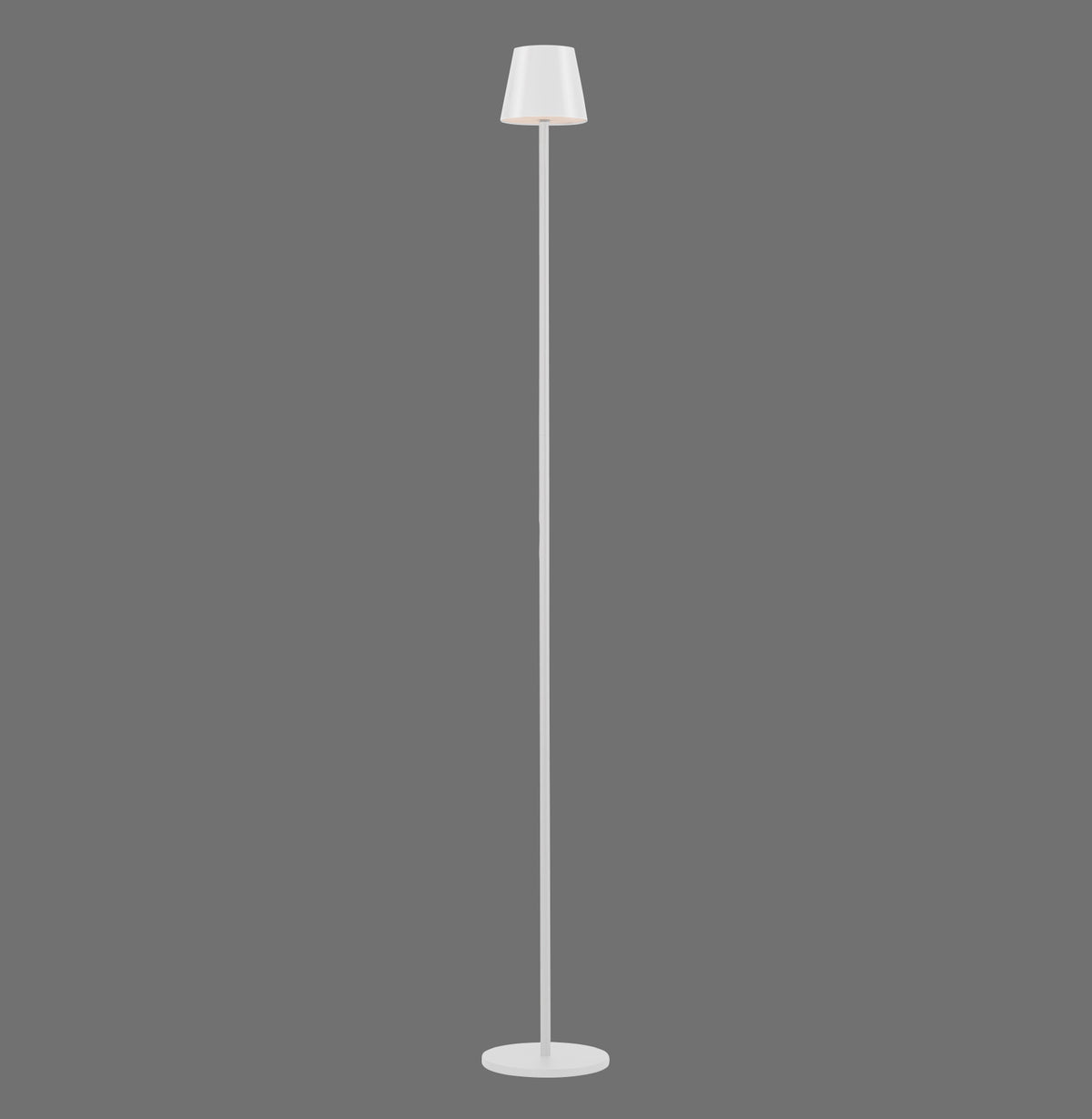 Luminaire sur fond gris, vue de face, pied fin et abat-jour conique blanc