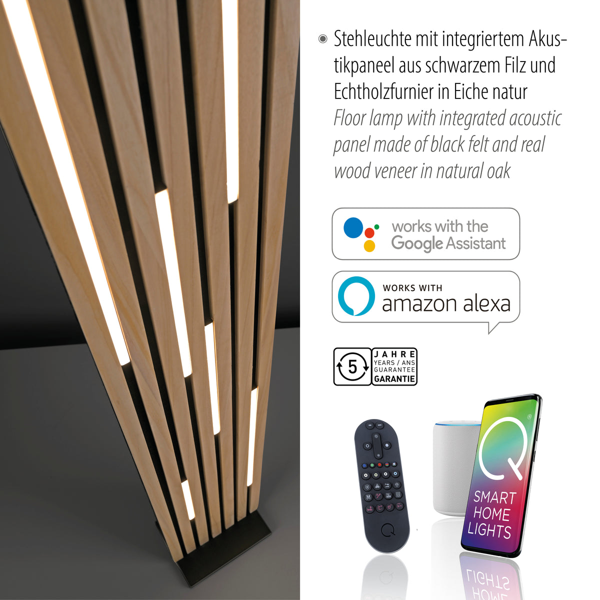 Détail produit avec logos assistants vocaux, garantie cinq ans et accessoires domotiques