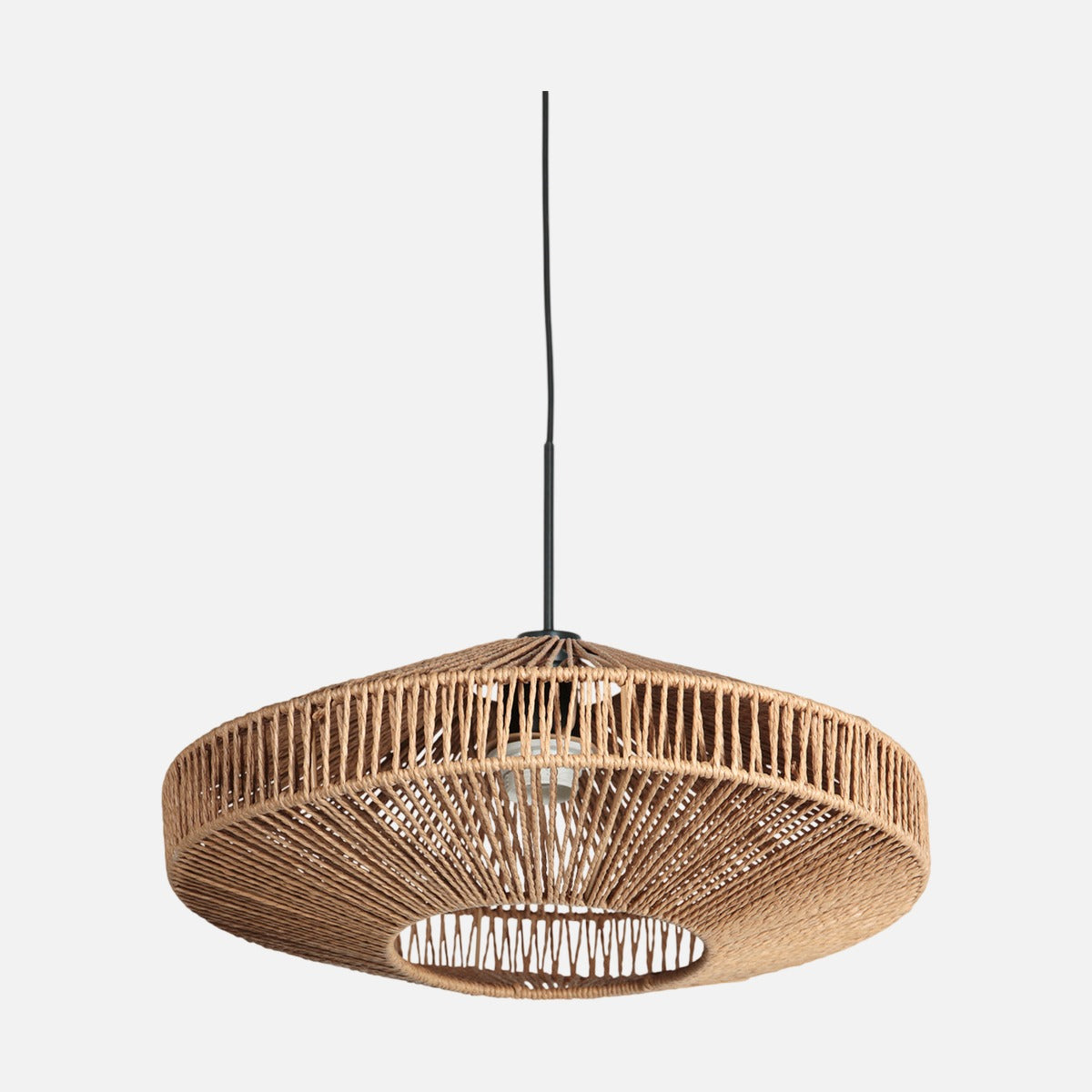 Suspension corde naturelle soucoupe Ø 40 cm, abat-jour tressé beige, câble noir | Ropéa