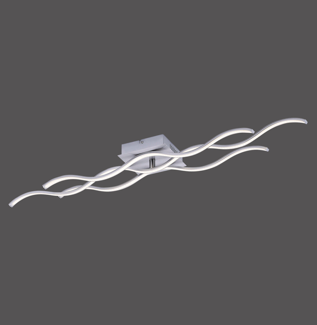 Luminaire plat vu de trois quarts sur fond gris anthracite, éteint.