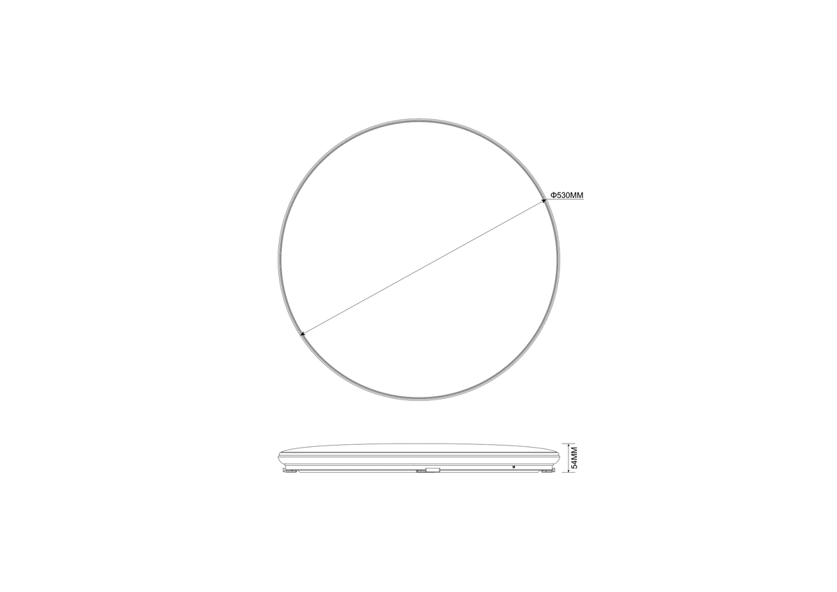Schéma technique coté avec diamètre 530 mm et hauteur 54 mm