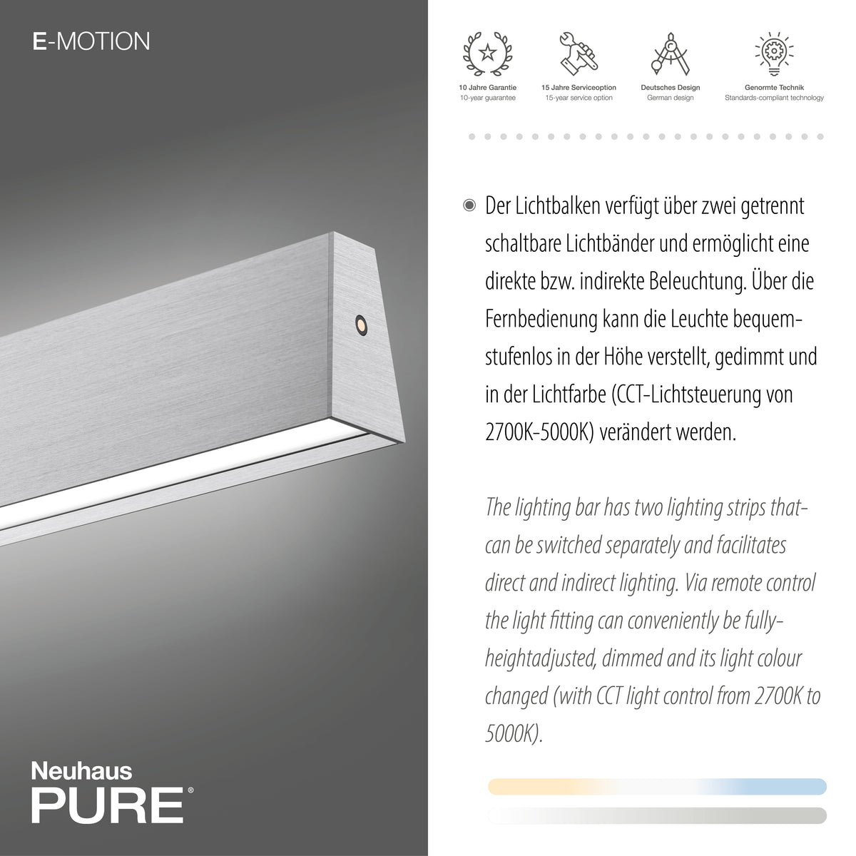 Détail du luminaire sous un autre angle, avec mention de garantie dix ans et texte descriptif.