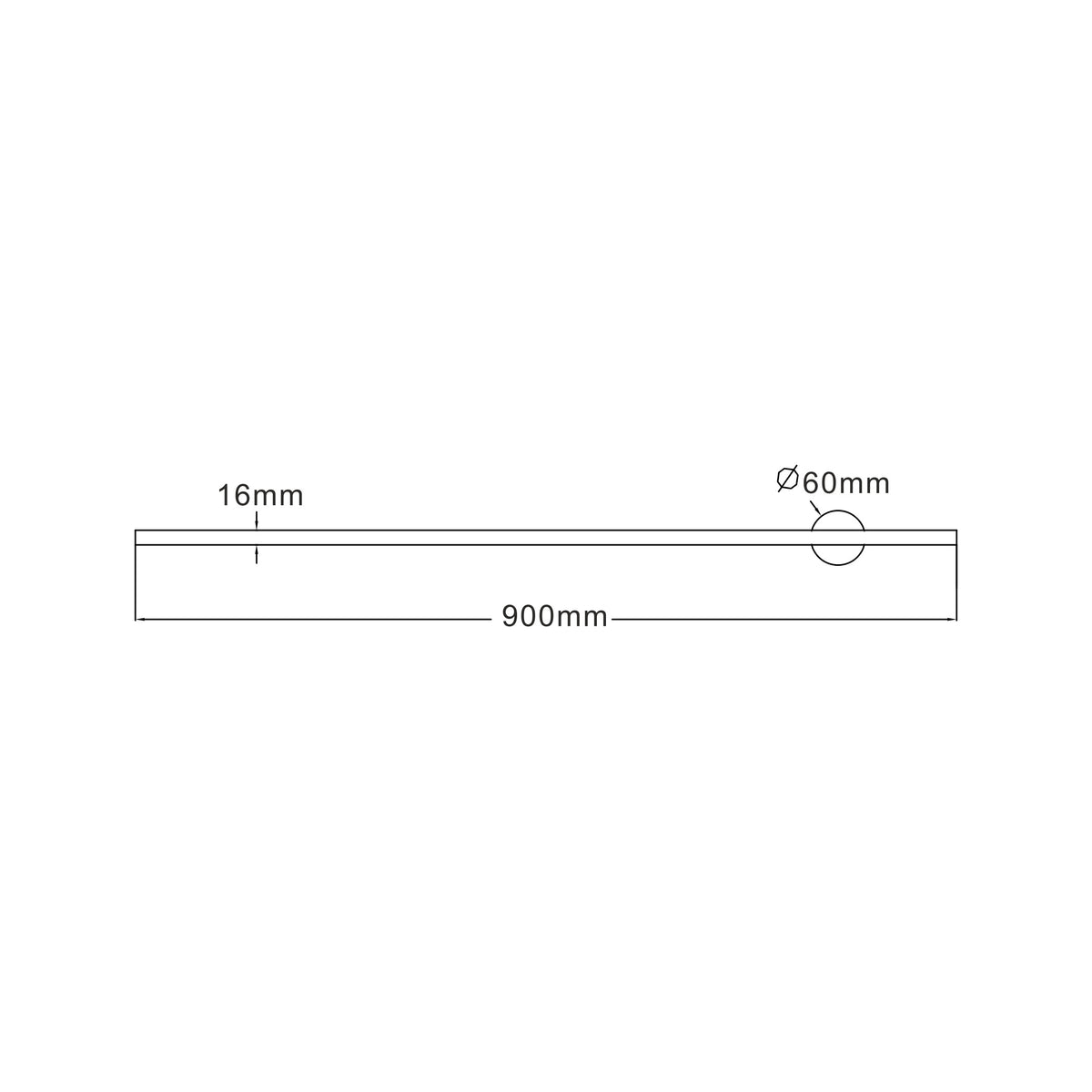 Schéma coté : 900 mm de long, 16 mm d'épaisseur, 60 mm de diamètre