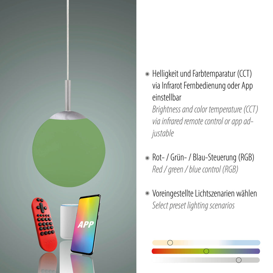Détail des réglages : télécommande infrarouge, application et curseurs de température de couleur