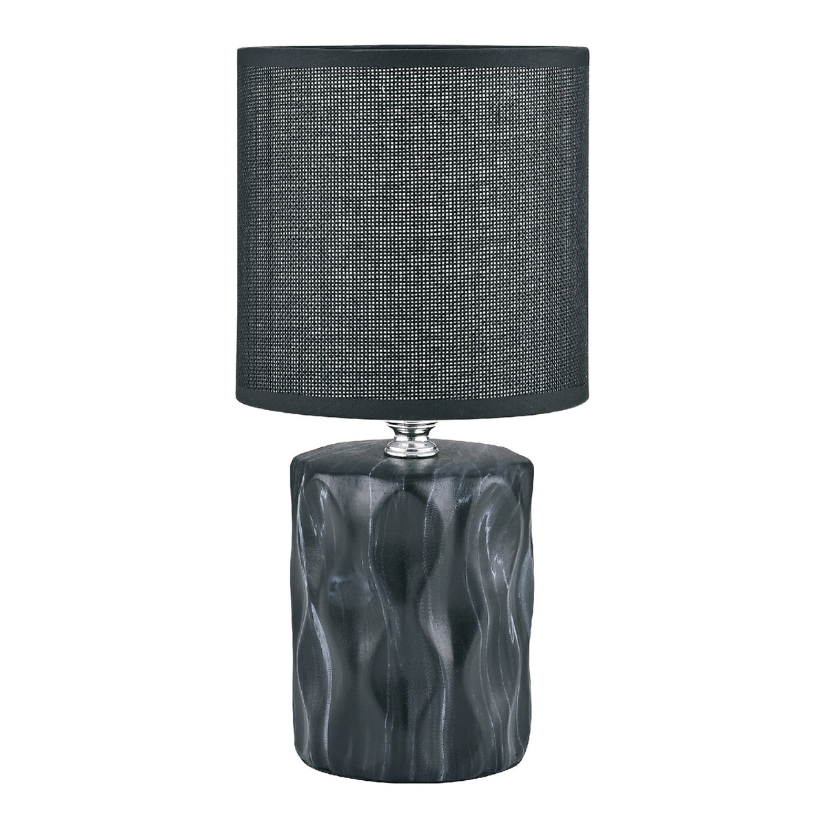 Lampe à poser noire de face, abat-jour cylindrique et base céramique ondulée.