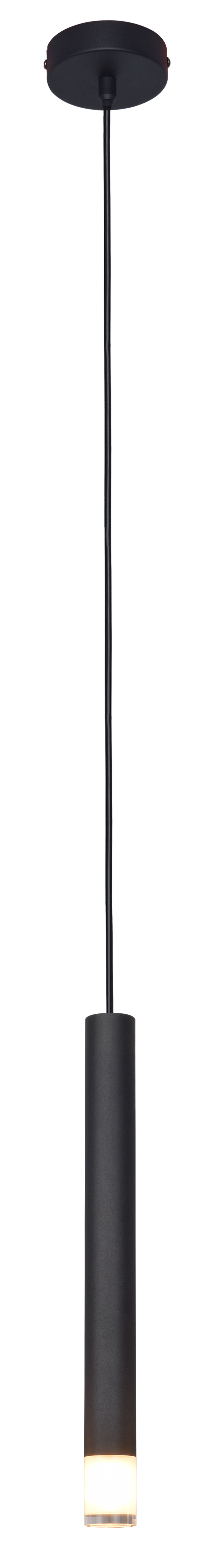 Suspension noire vue de face, long tube cylindrique et diffuseur allumé vers le bas