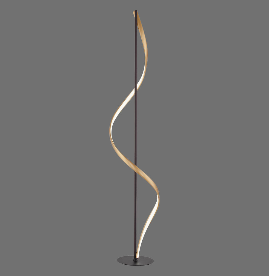 Lampadaire anthracite et doré présenté de face sur fond gris.