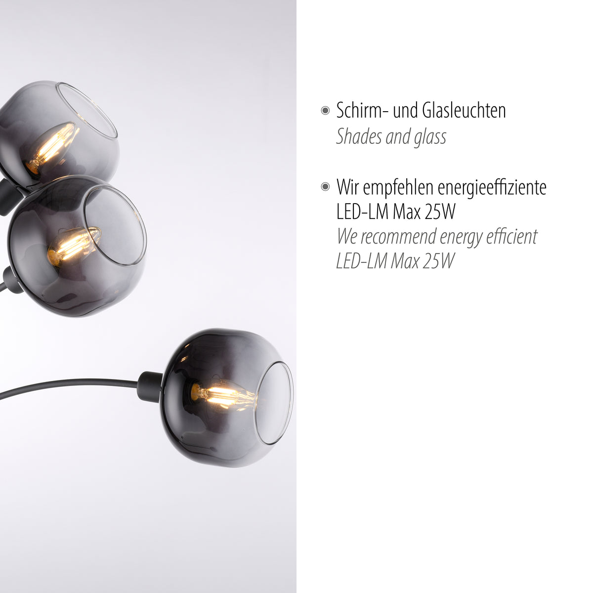Détail rapproché des globes en verre fumé et ampoules allumées