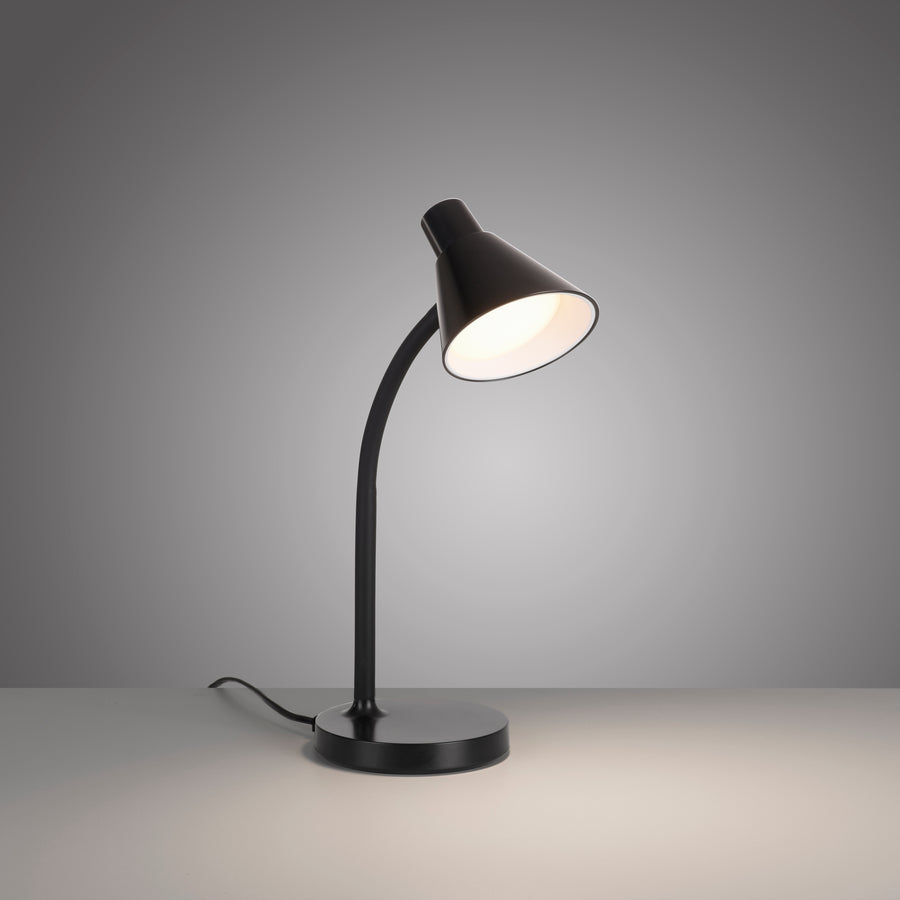 Lampe noire allumée sur fond gris dégradé, halo lumineux et câble visible