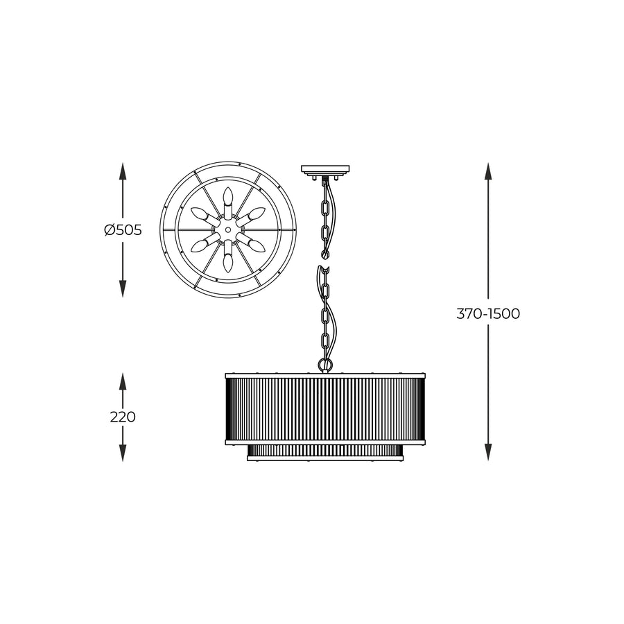 Schéma coté : diamètre 505 mm, hauteur 220 mm, suspension réglable de 370 à 1500 mm