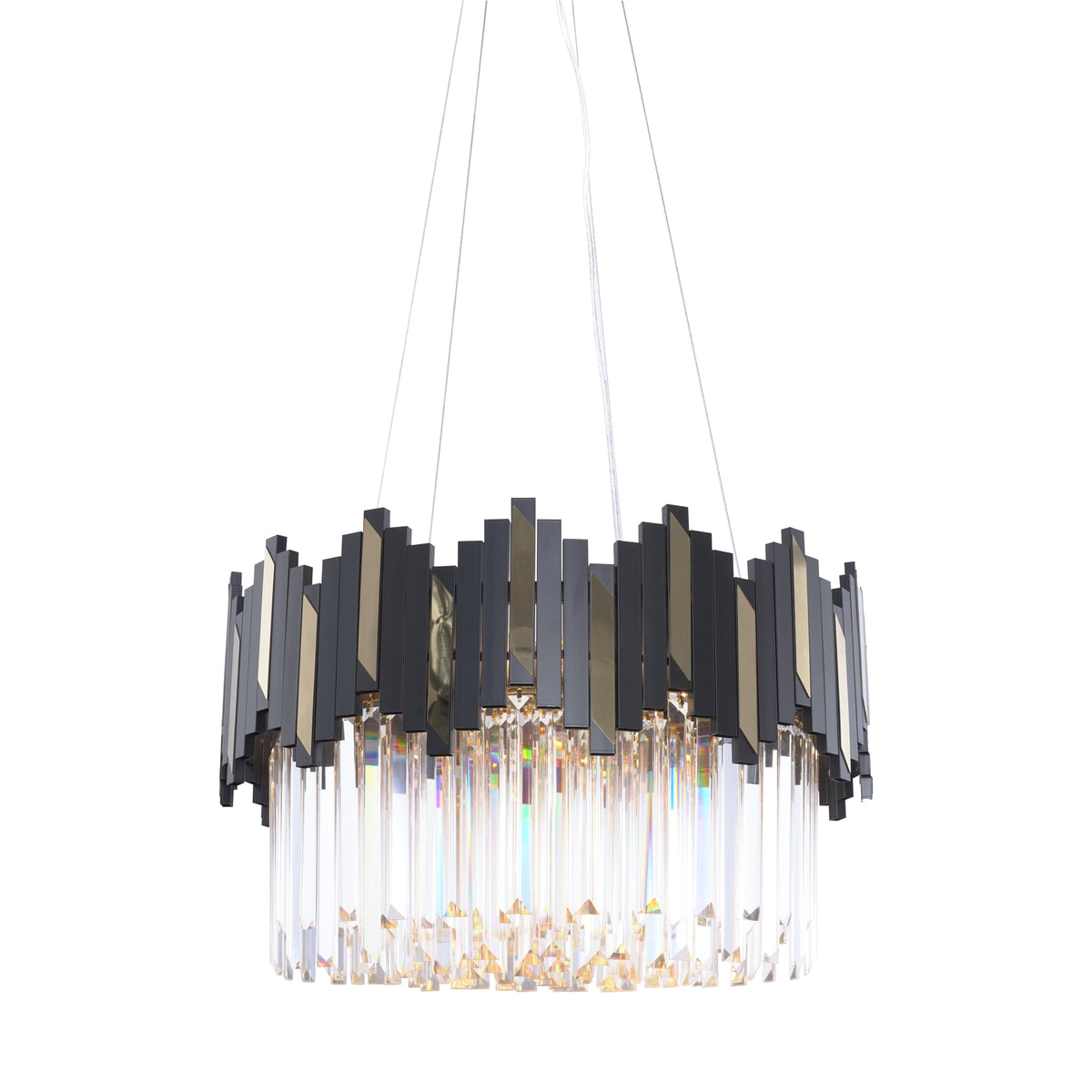 Détail rapproché des lamelles noires dorées et des tiges de verre