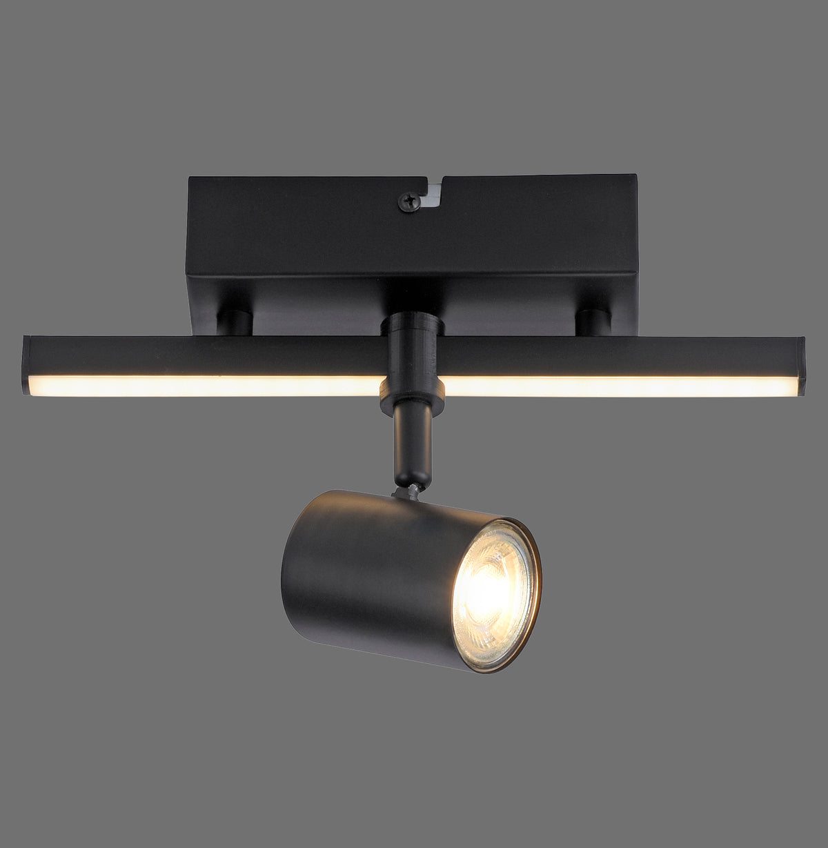 Vue de face du plafonnier noir avec barre LED et spot cylindrique orientable