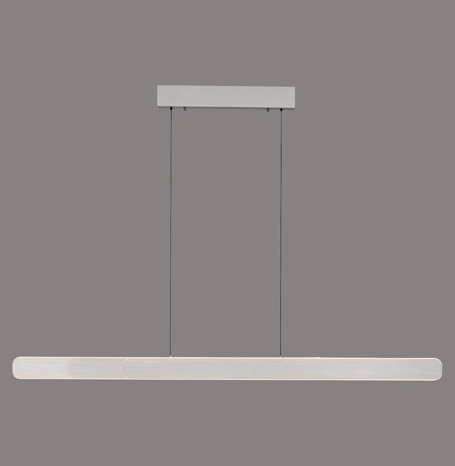 Vue de face d'une suspension linéaire en aluminium brossé avec deux câbles fins