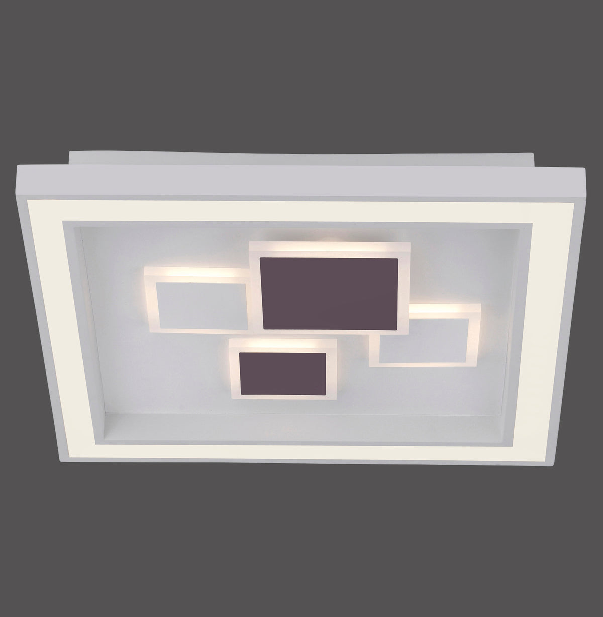 Vue de face du plafonnier blanc à structure carrée et carrés lumineux en verre dépoli.