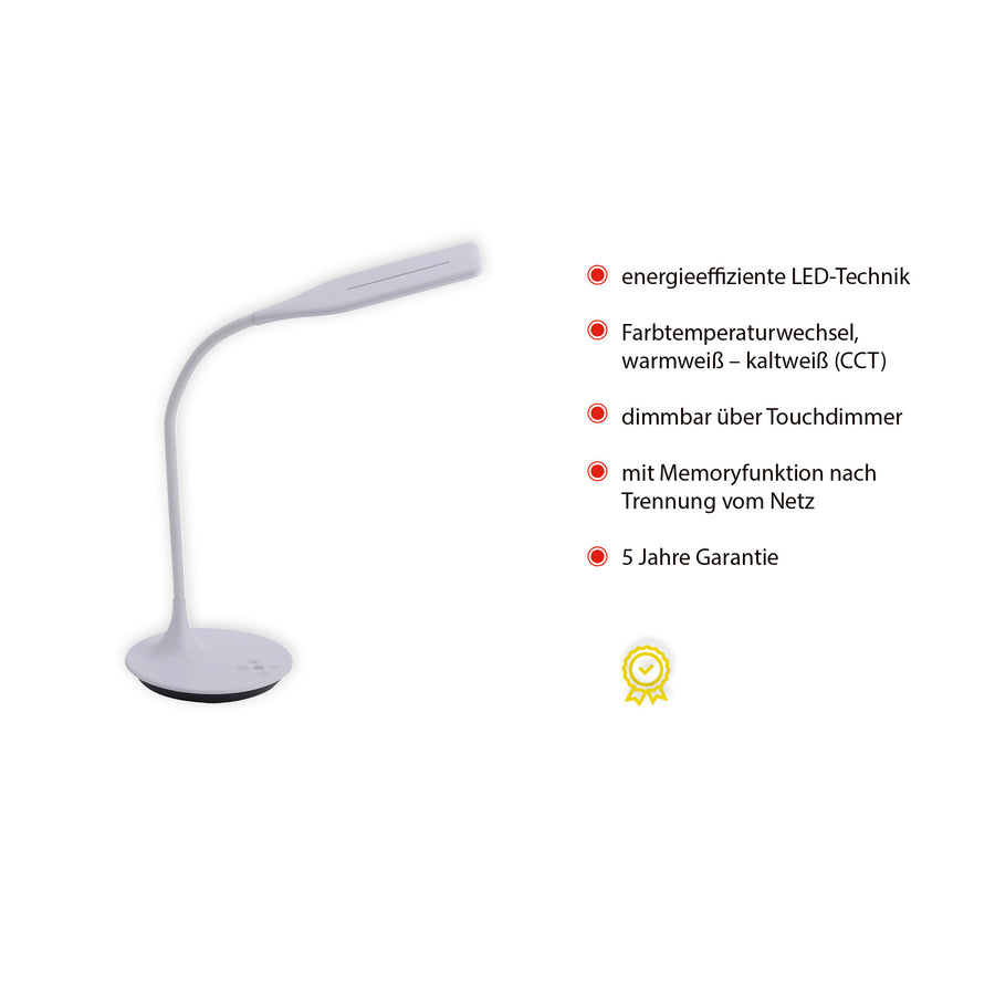 Lampe blanche avec arguments commerciaux en allemand, sur fond blanc.