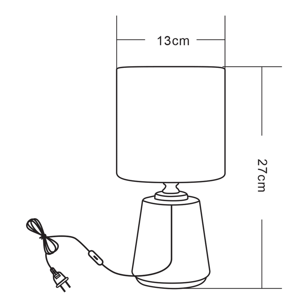 Schéma de dimensions de la lampe : hauteur 27 cm, largeur d'abat-jour 13 cm