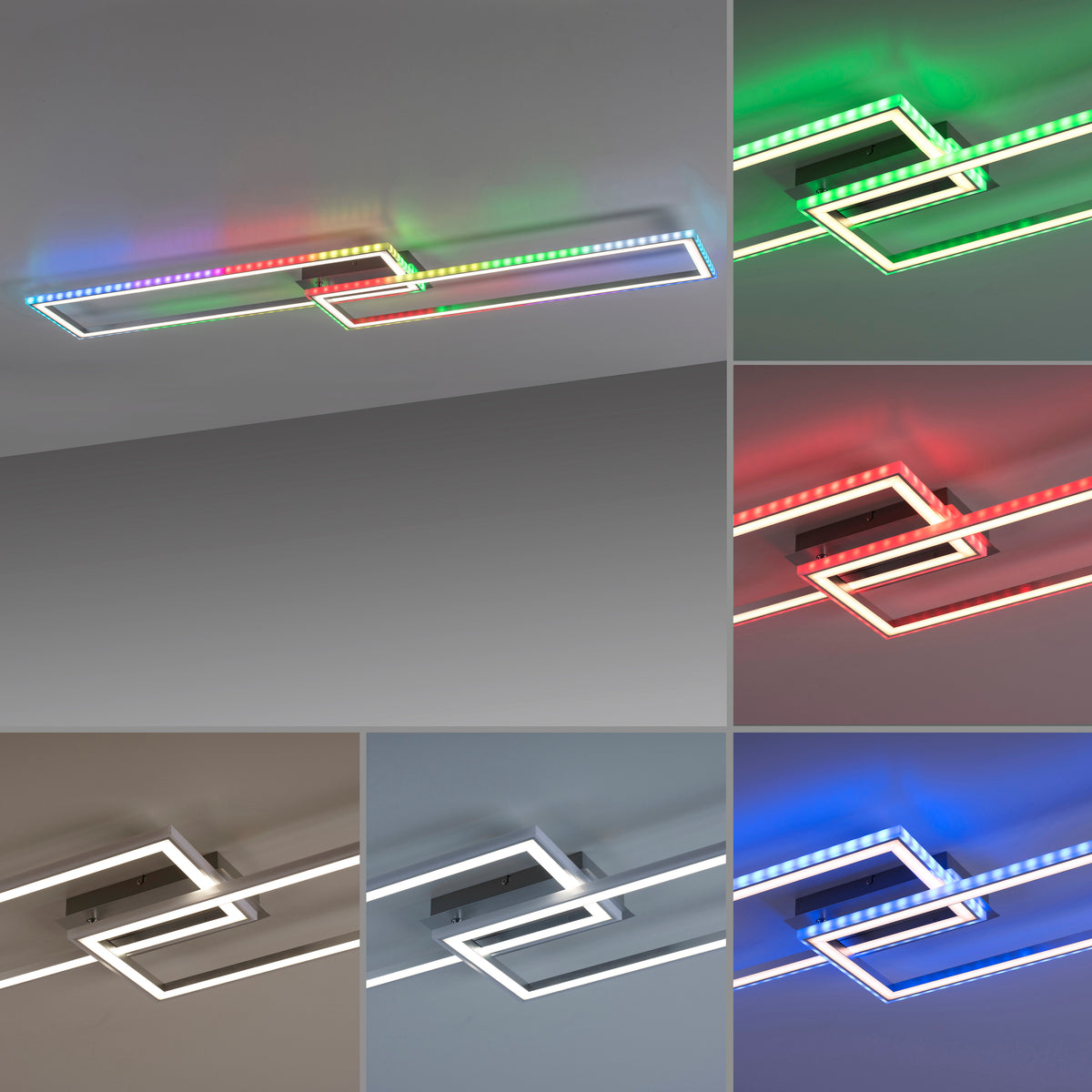 Planche des modes d'éclairage : arc-en-ciel, vert, rouge, blanc et bleu.