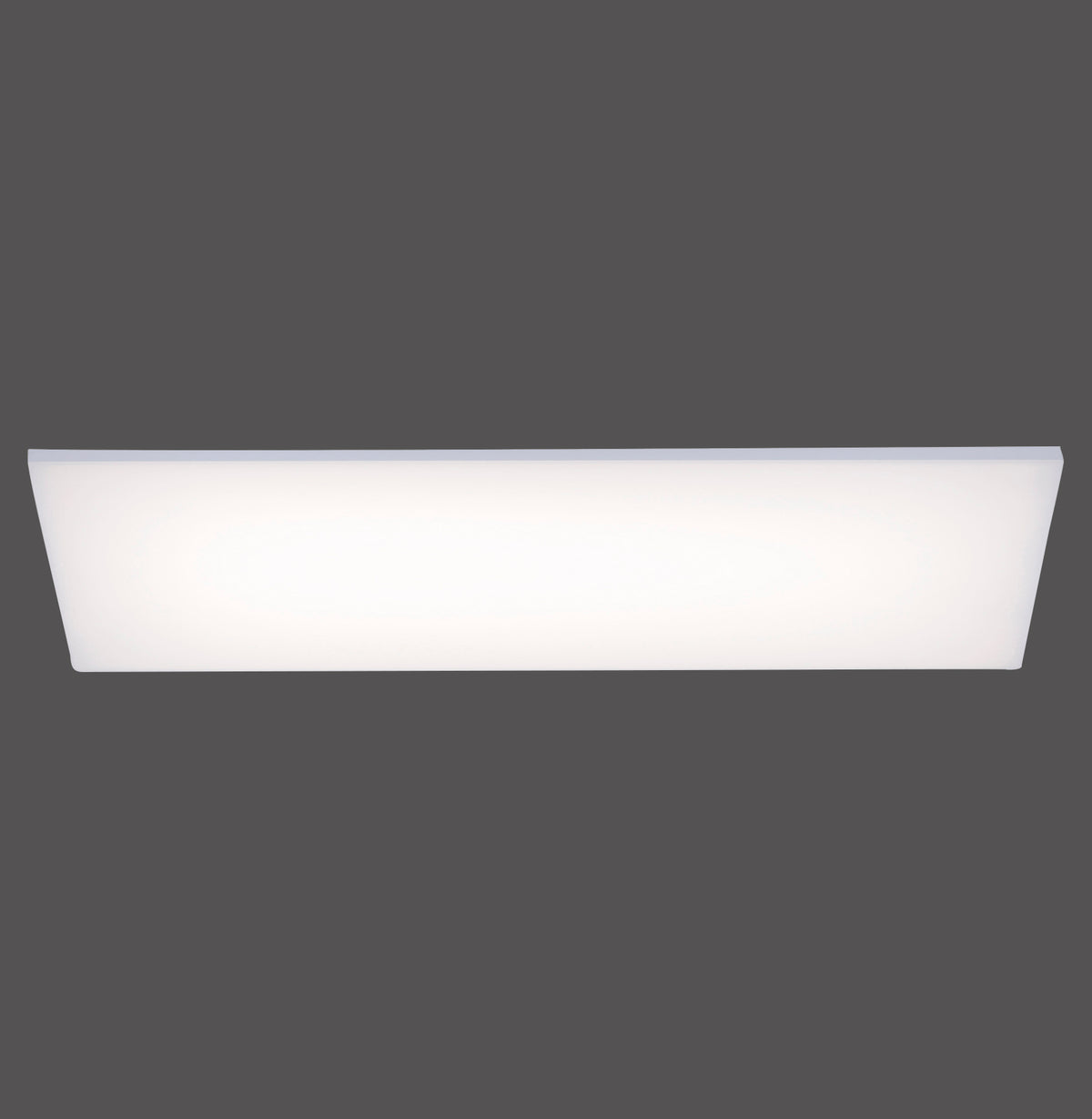 Plafonnier blanc rectangulaire frameless vu de face sur fond gris neutre