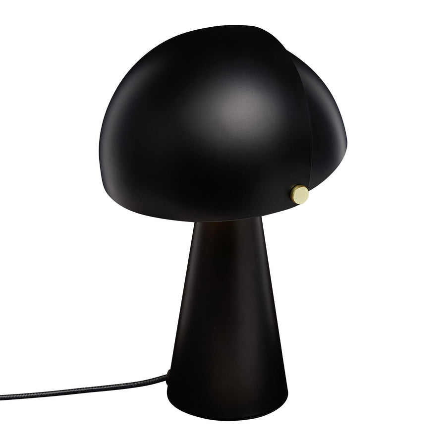 Vue en plongée de la lampe noire, abat-jour fermé et finition mate.