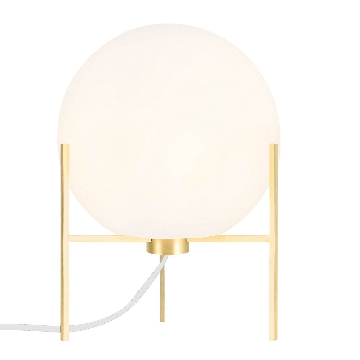 Lampe à poser de face, sphère en verre opalin blanc et structure en laiton.