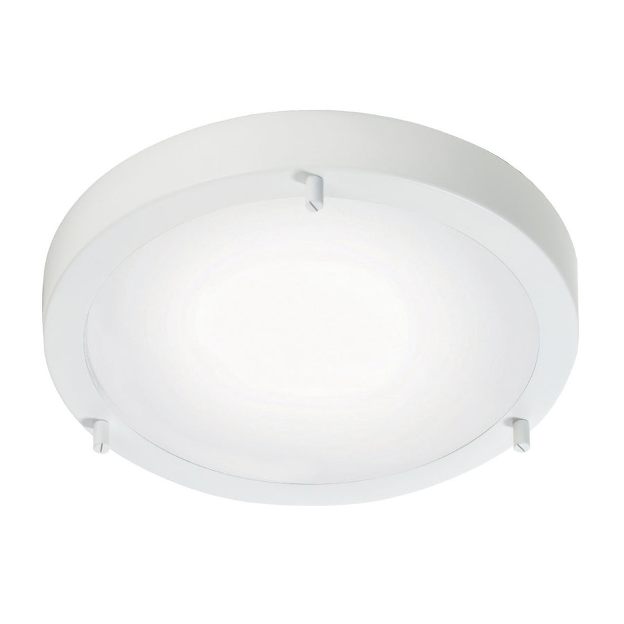 Plafonnier rond blanc en verre dépoli, vue de face sur fond blanc