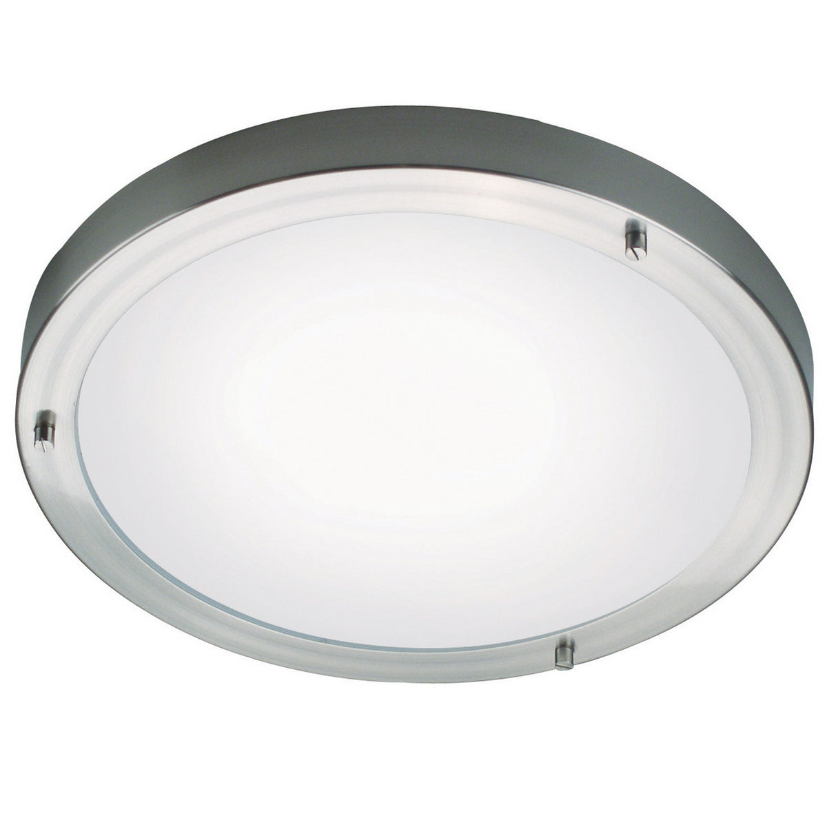 Vue de dessous du plafonnier rond, cerclage acier brossé et diffuseur en verre blanc