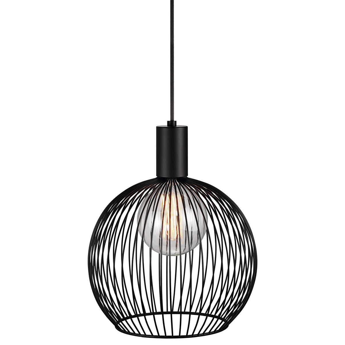 Suspension noire en fil métallique avec ampoule visible sur fond blanc