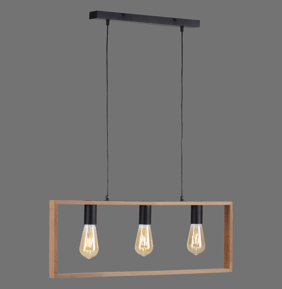 Suspension rectangulaire en bois clair avec trois douilles noires et ampoules sur fond gris.