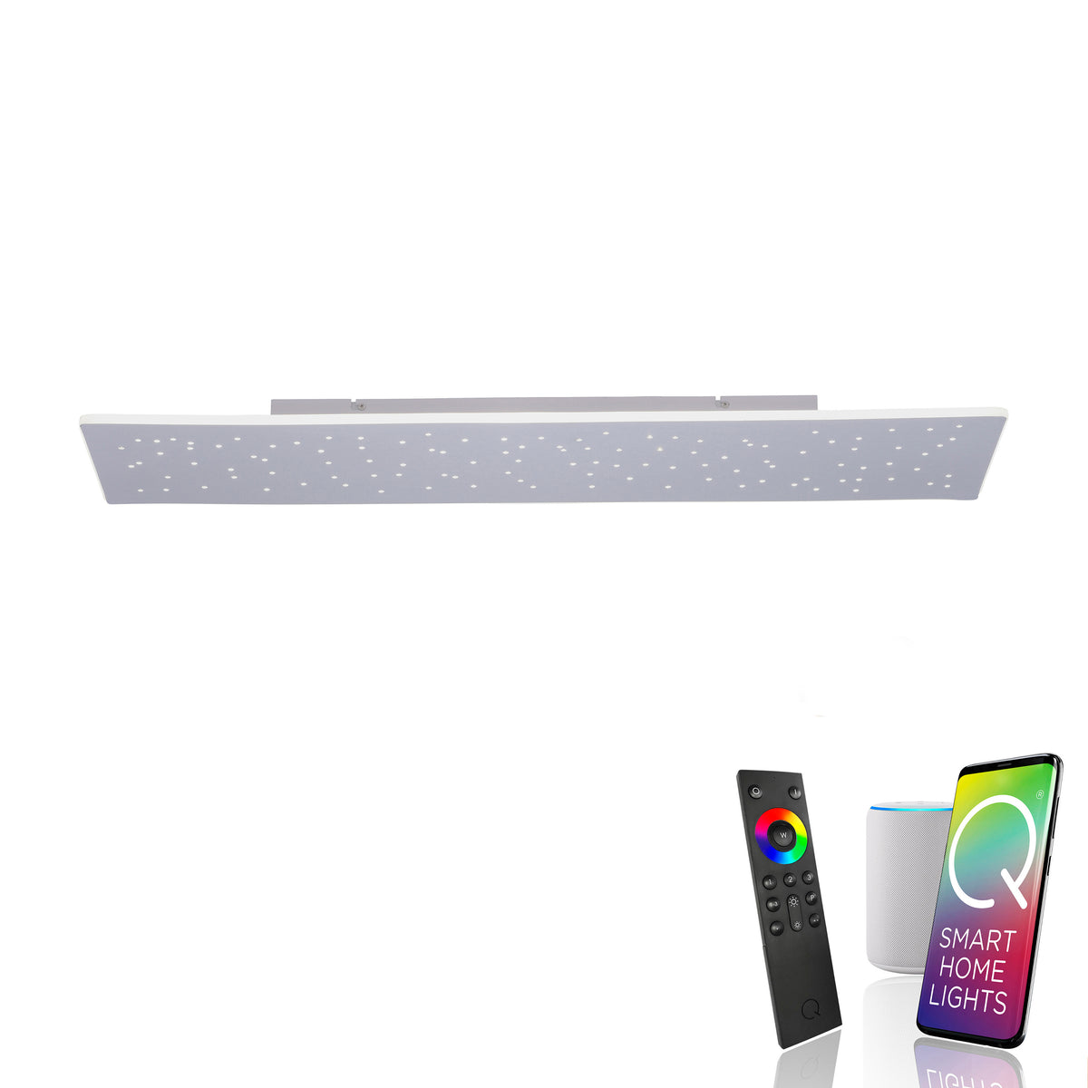 Vue en angle du luminaire blanc avec télécommande, enceinte connectée et smartphone.