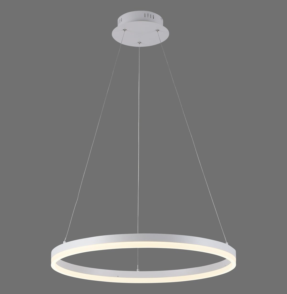 Suspension anneau blanc lumineux vu de face sur fond gris uni