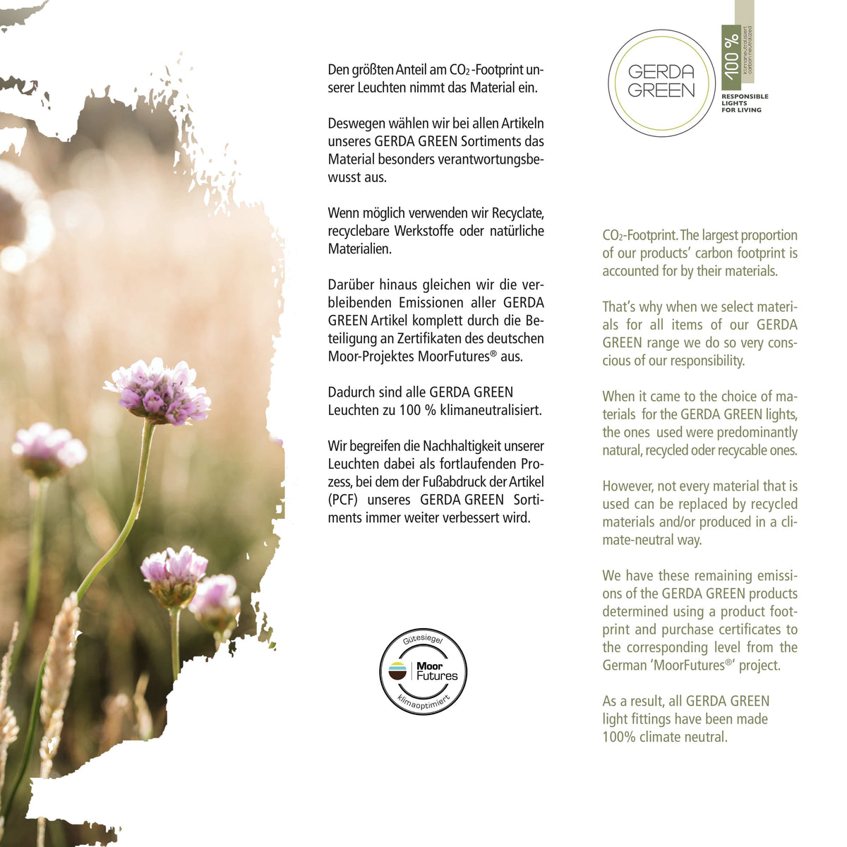 Visuel écologique avec fleurs, texte allemand et anglais, logo Gerda Green et mention climat neutre.