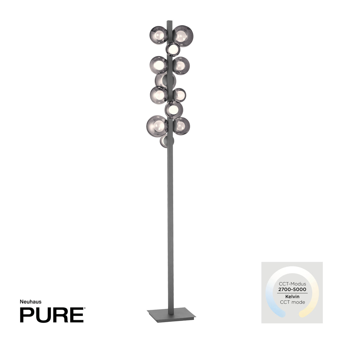 Vue de face du lampadaire avec échelle de température de couleur et logo.
