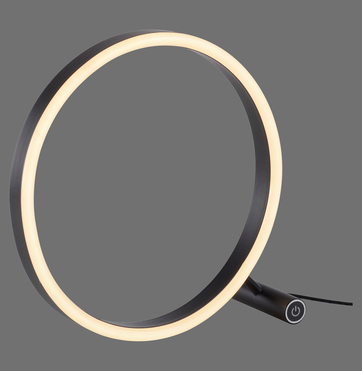Gros plan sur l'anneau lumineux et sa structure anthracite, fond gris uni