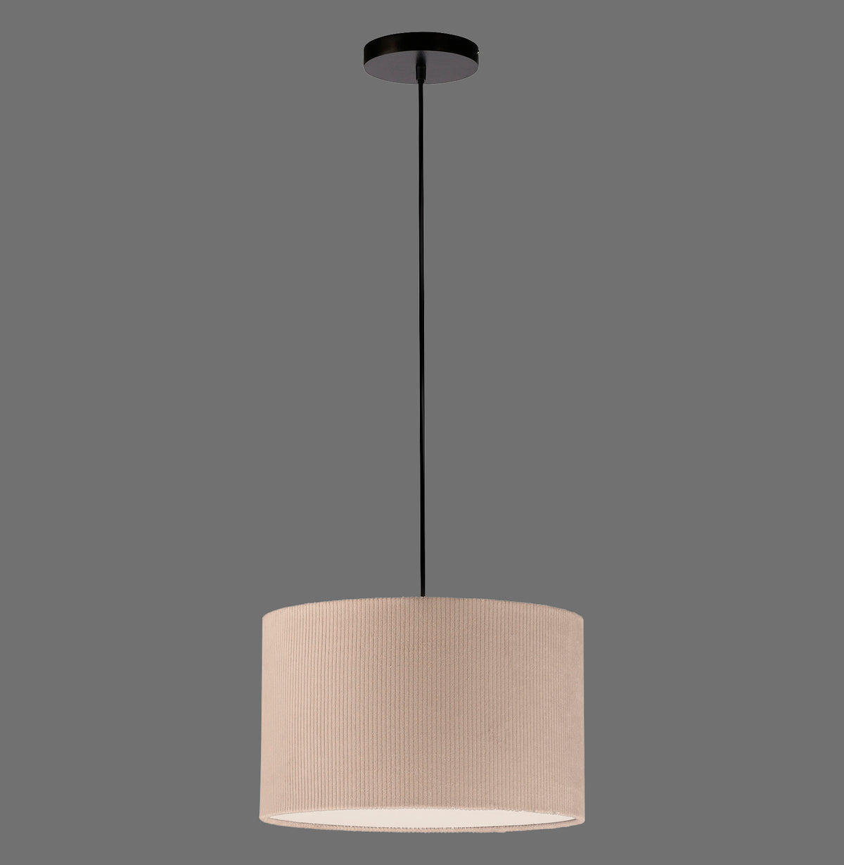Suspension beige clair vue de face sur fond gris, câble noir et rosace