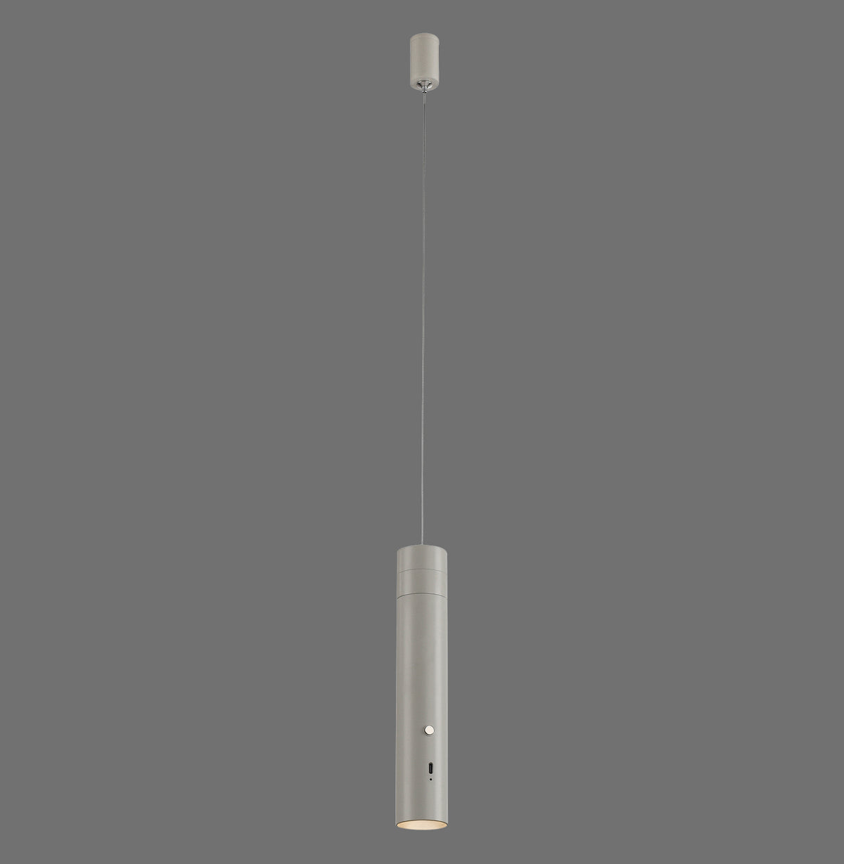 Vue de profil du luminaire suspendu gris avec câble et fixation.