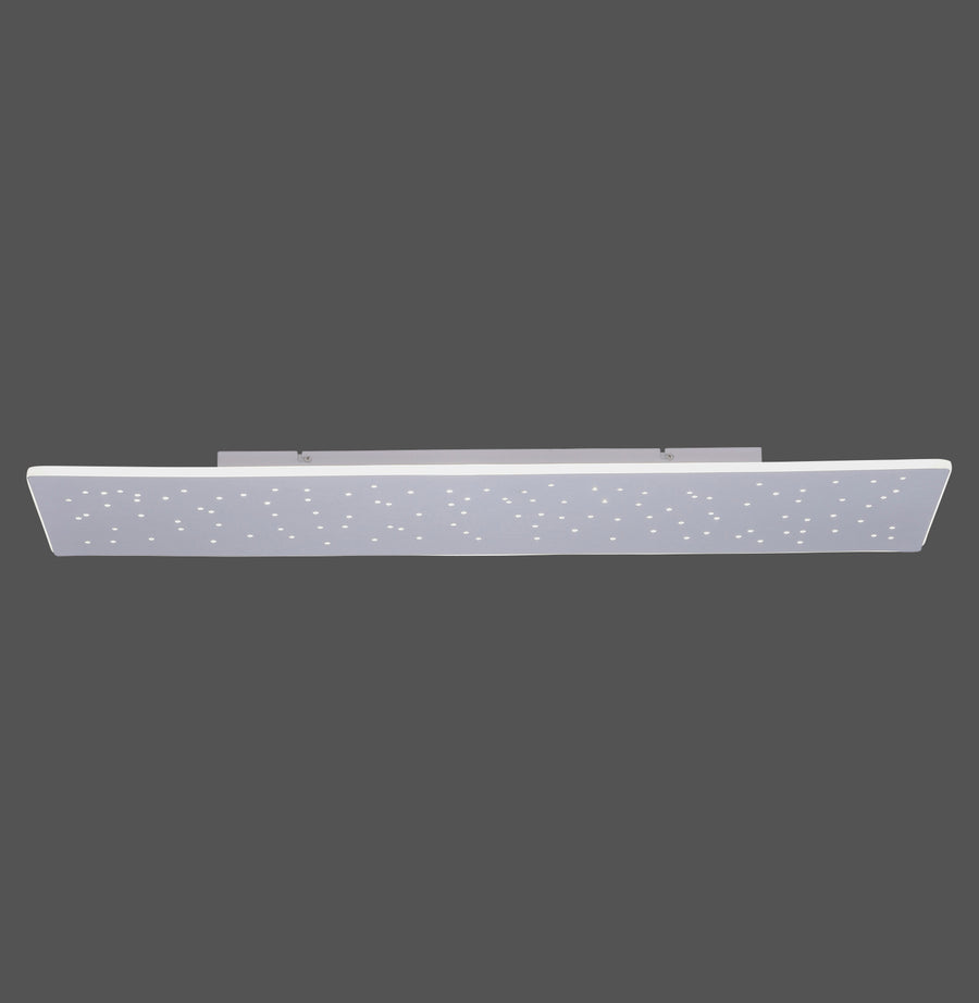 Plafonnier rectangulaire en aluminium avec perforations lumineuses, présenté de face sur fond gris.