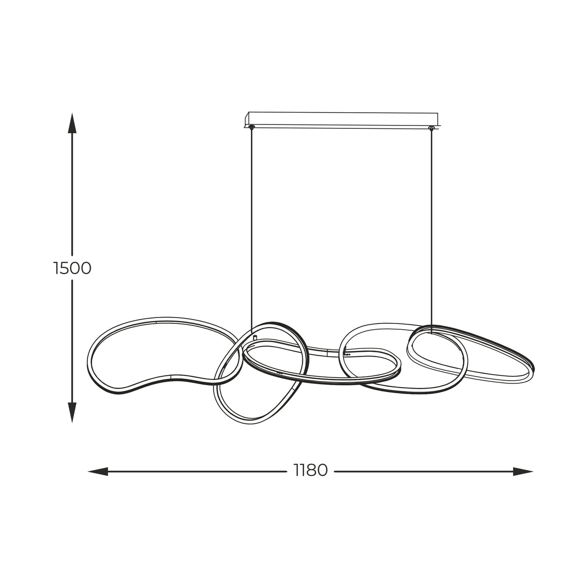 Schéma coté de la suspension : largeur 1180 mm et hauteur 1500 mm.
