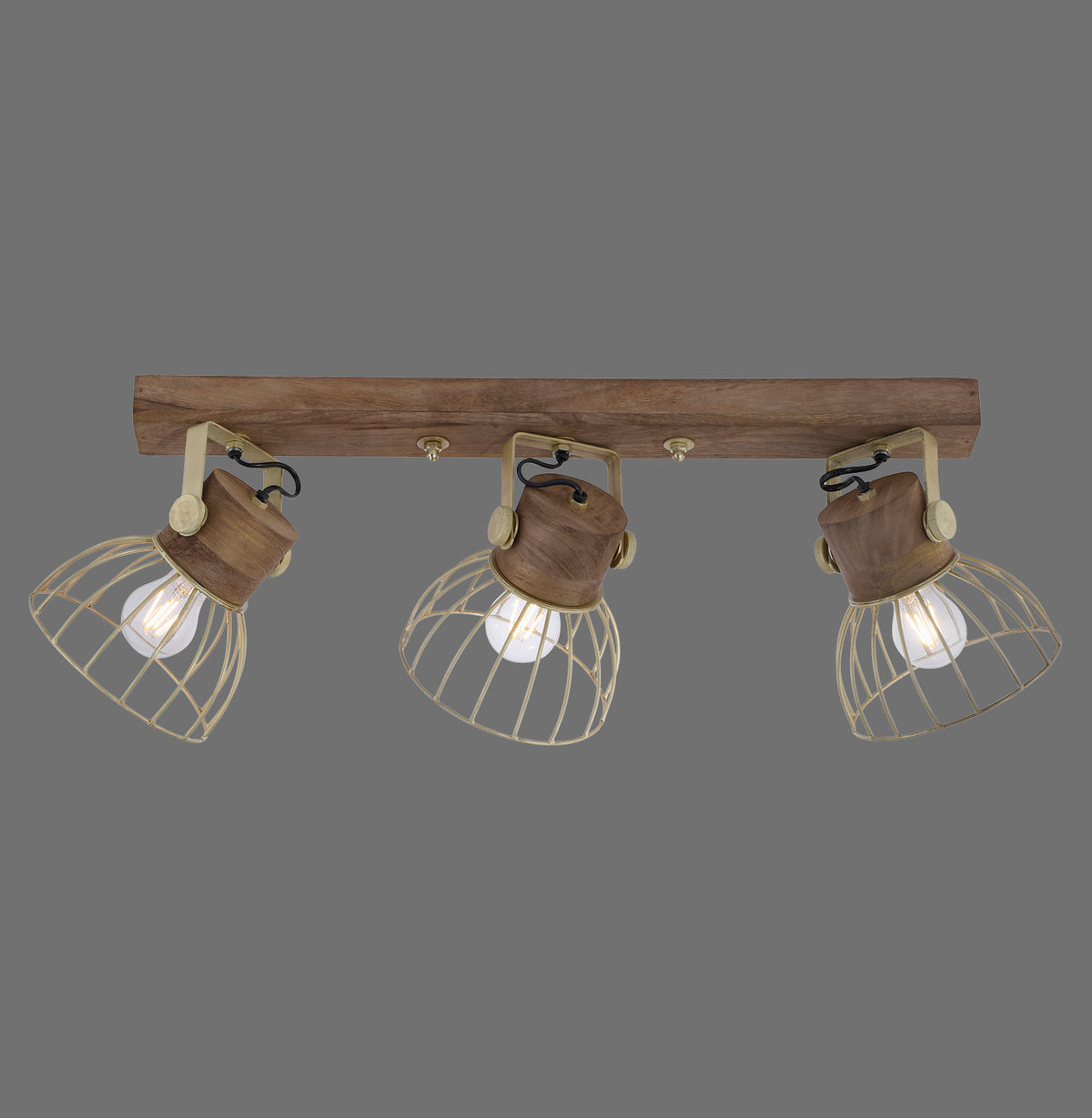 Vue de face du plafonnier trois spots en bois et cages en laiton mat