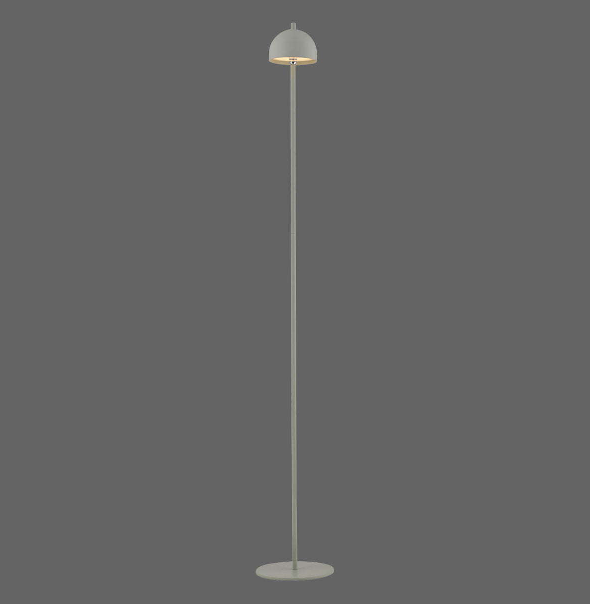Lampadaire gris vu de face, abat-jour dôme, tige fine et base plate ronde