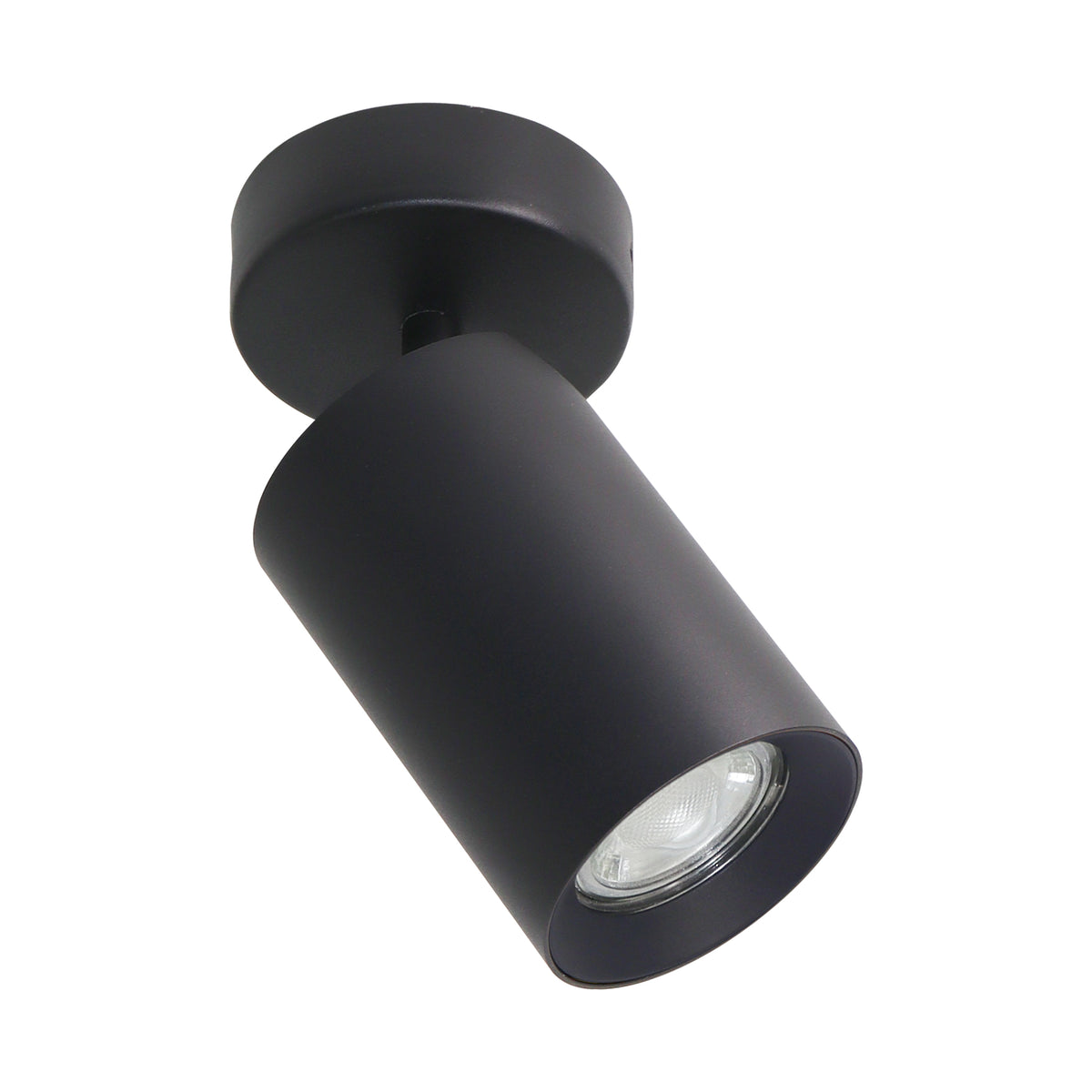 Spot cylindrique noir orientable fixé au plafond, orienté vers le bas.