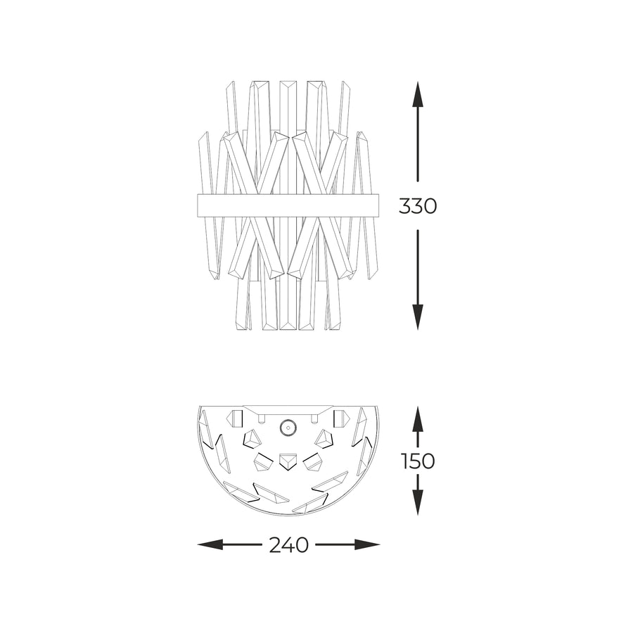 Schéma coté du luminaire : hauteur 330 mm, profondeur 150 mm, largeur 240 mm