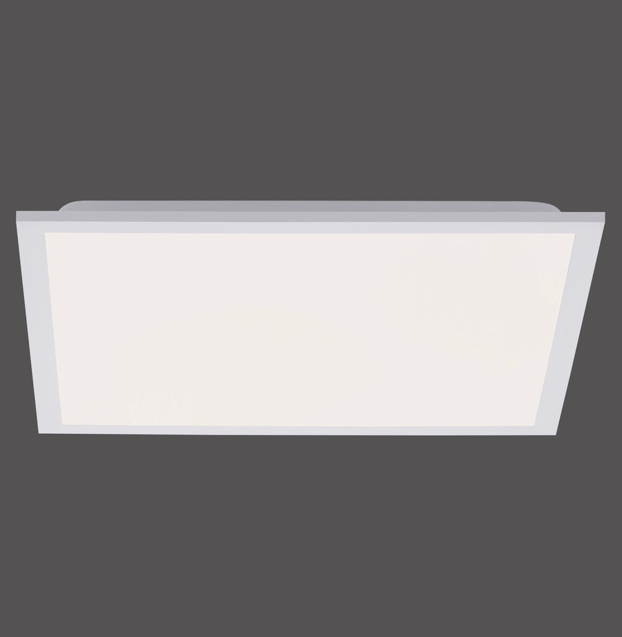 Vue de face du plafonnier rectangulaire blanc à diffuseur opalin et cadre fin