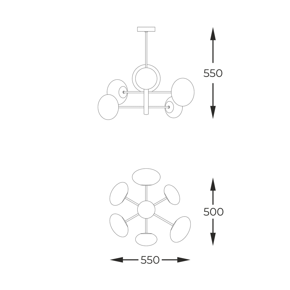 Schéma technique côté de la suspension, hauteur 550 mm et largeur 500 mm