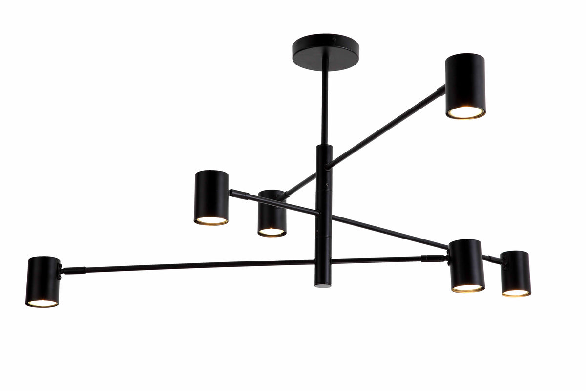 Suspension noire à six spots cylindriques sur bras horizontaux, vue de face sur fond blanc