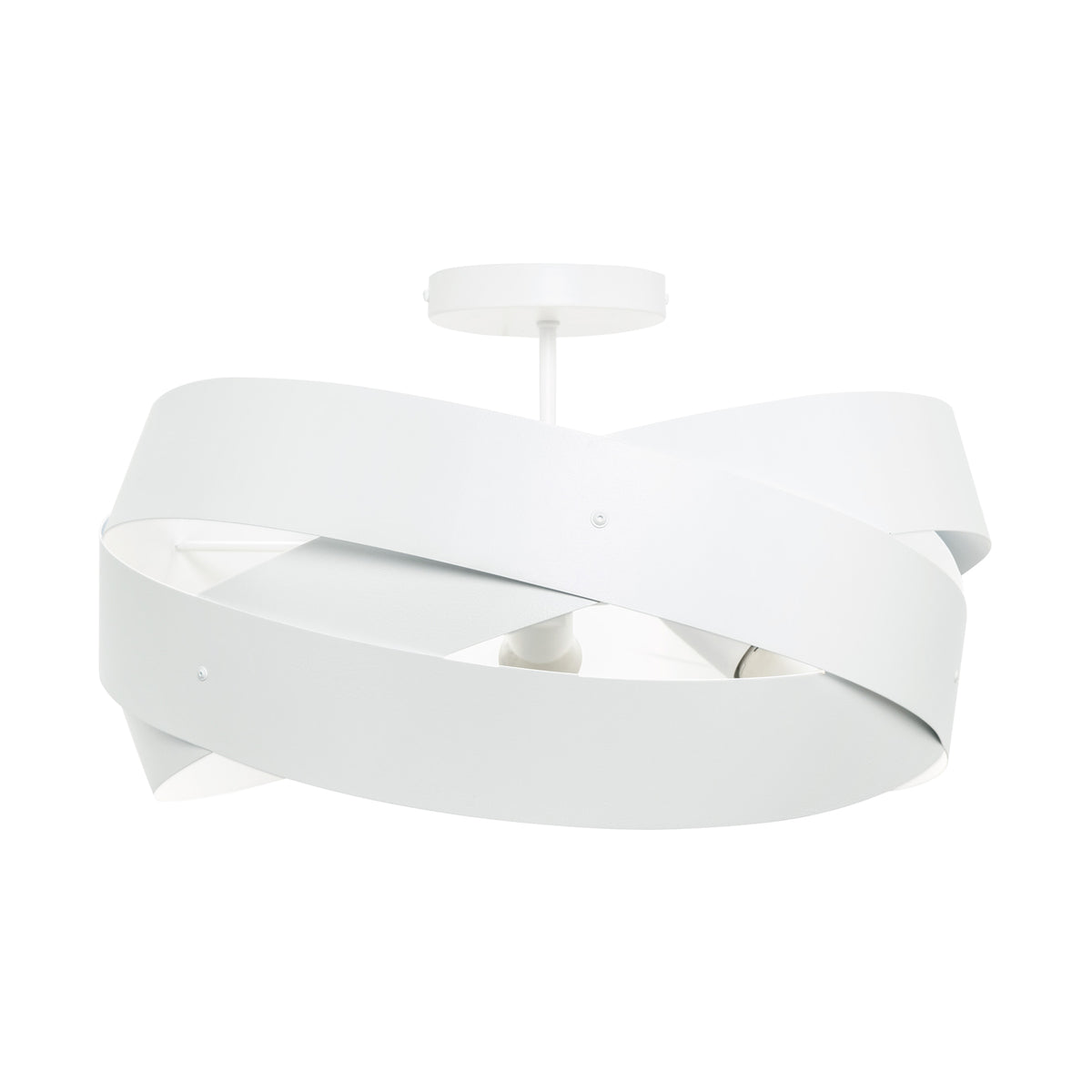 Vue de face du plafonnier blanc à deux rubans croisés, fixation plafond visible