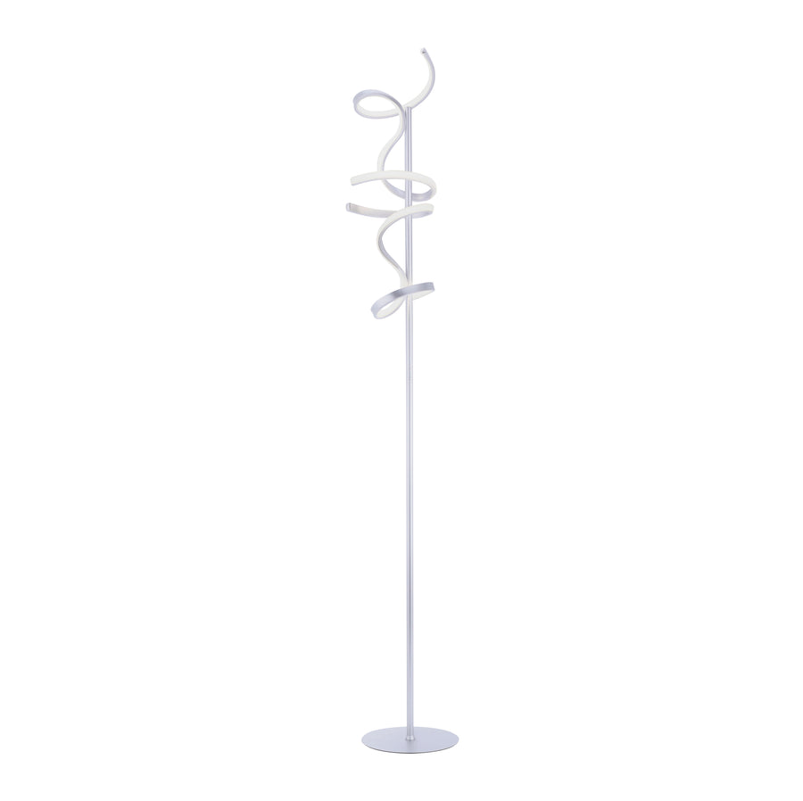 Vue de face du lampadaire blanc sur fond clair, ruban LED enroulé.