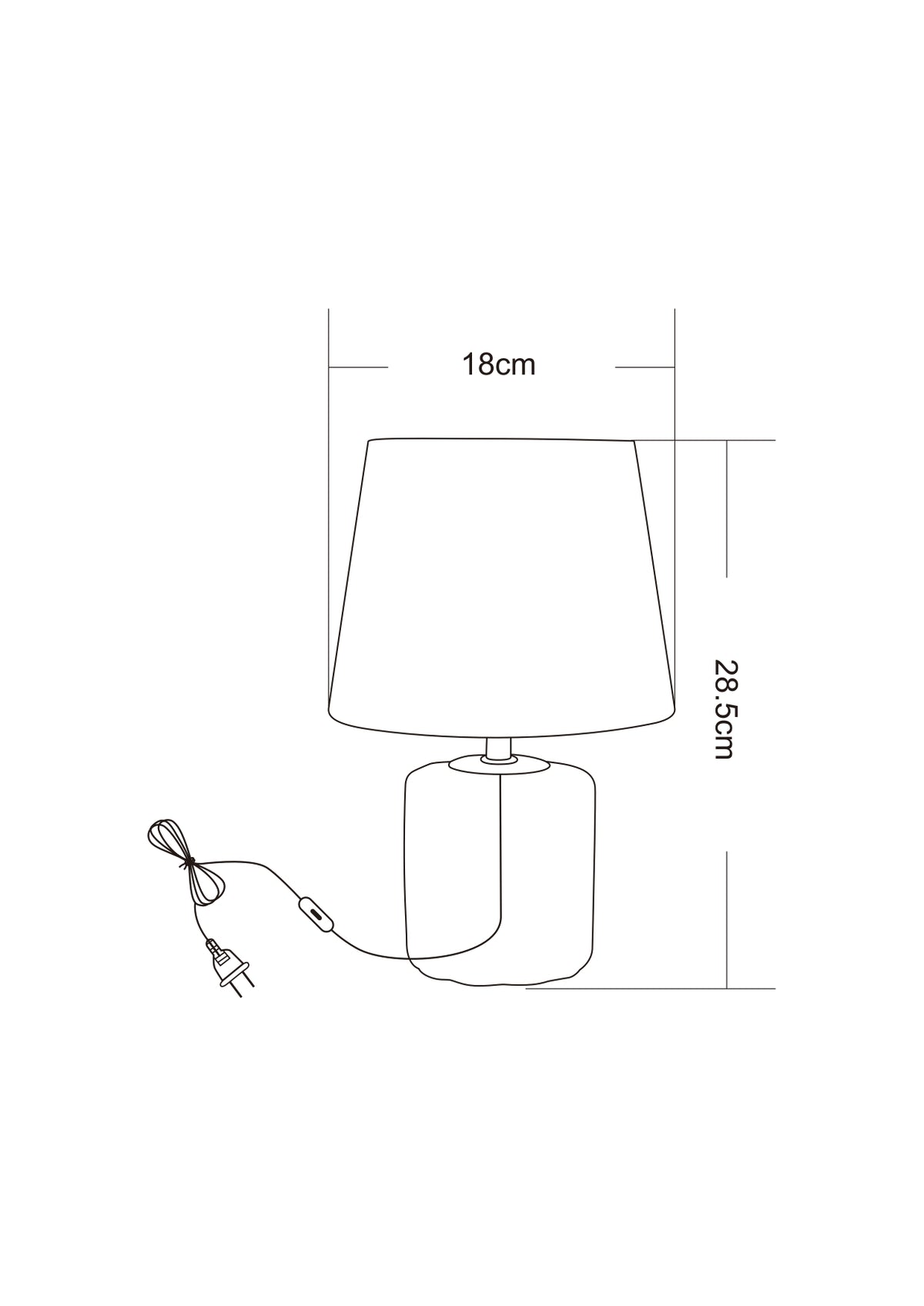 Schéma coté de la lampe avec largeur 18 cm et hauteur 28,5 cm.