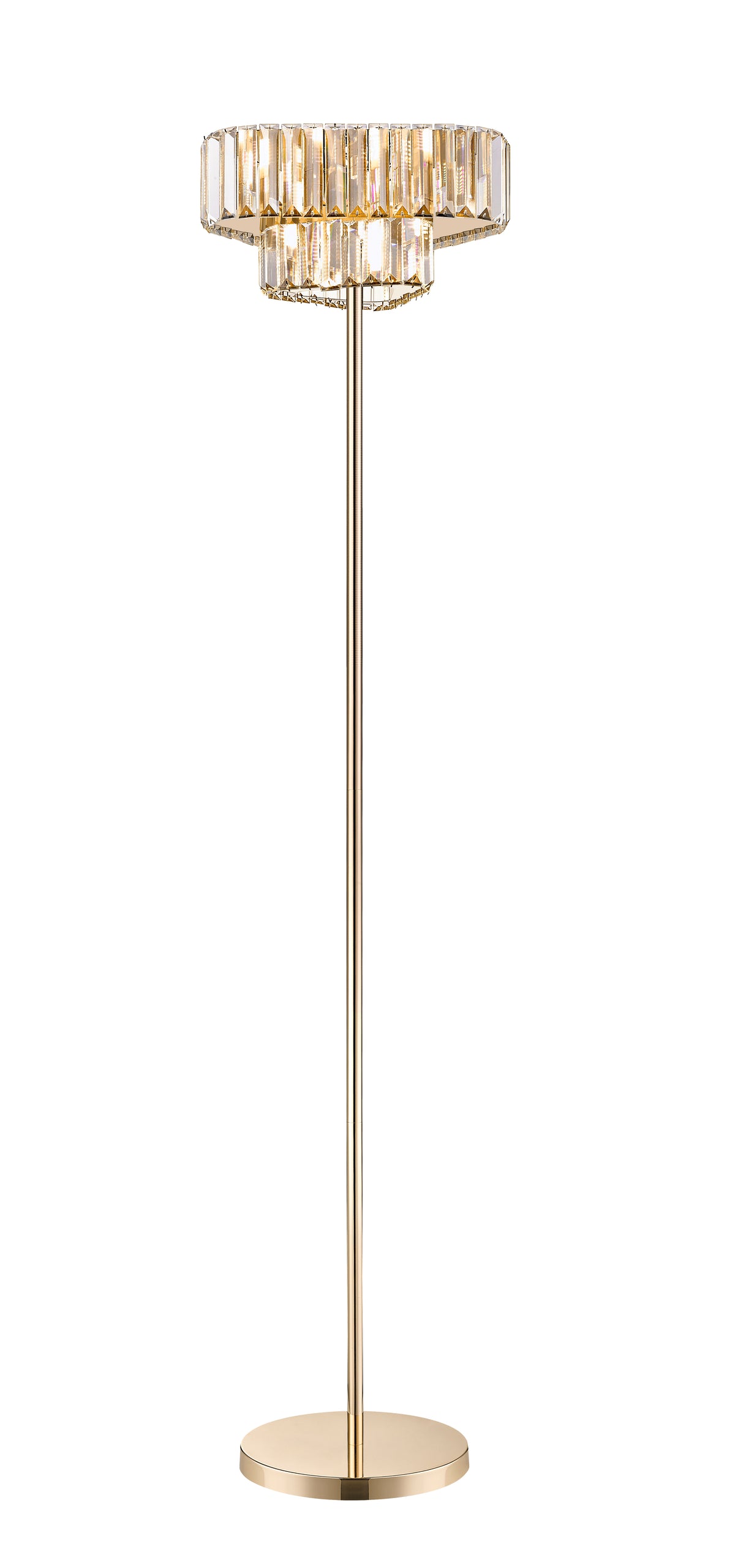 Lampadaire doré vu de face, abat-jour cylindrique en cristal et base ronde