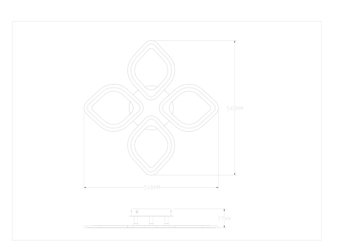 Schéma technique côté du plafonnier, vue de dessus et profil, dimensions 548 et 77 mm.